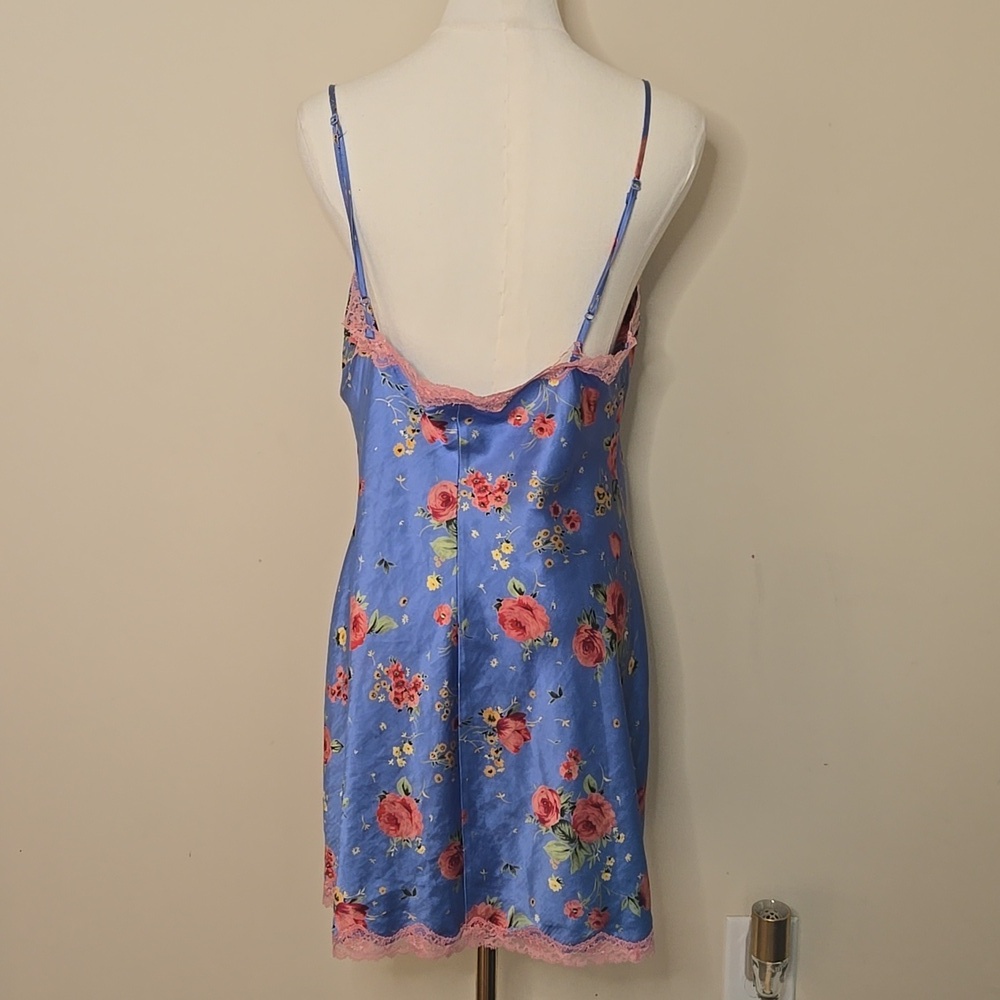 Victoria's Secret 2002 Blue Floral Slip Nightgown Lace Trim Y2K Lingerie Large - Picture 3 of 5